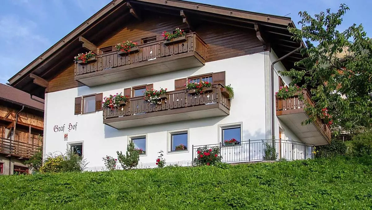 Ons huis te midden van groene weiden in de hoogzomer. De rozen staan in bloei en op het balkon bloeien de geraniums. 