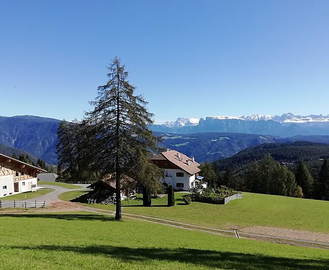 Blik op de Stücklhof met een fantastisch uitzicht op de Dolomieten met Schlern, Rosengarten, enz.