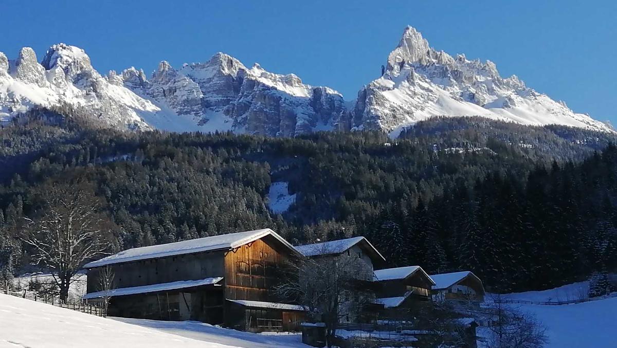 Op de achtergrond de besneeuwde Latemar.