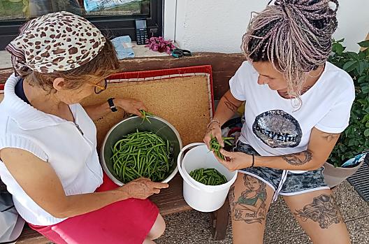 Oma Cilli en boerin Eva bij het bonen plukken