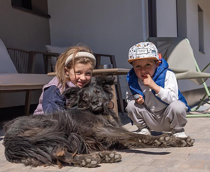 Onze boerderijhond Lilli wordt graag door onze kleintjes geaaid.