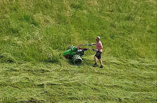 Gastheer en boer Herbert maait het gras op onze steile bergweiden met de prikrolmaaier.