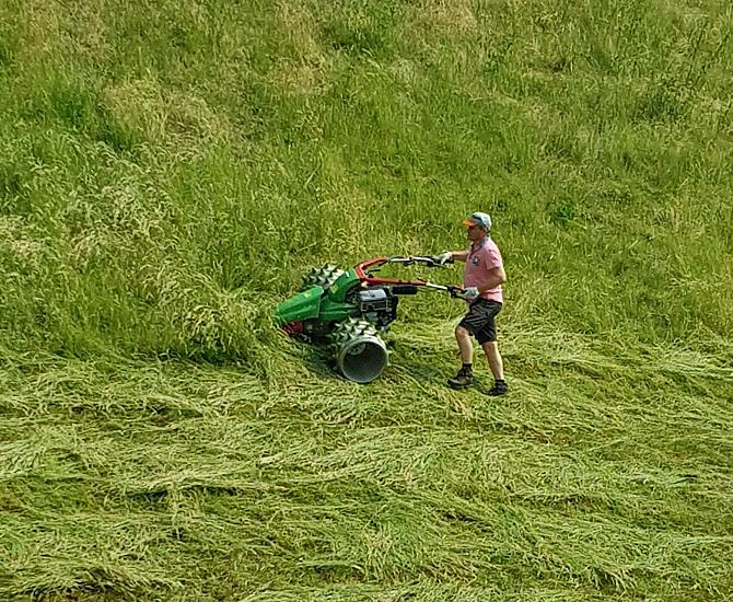 Gastheer en boer Herbert maait het gras op onze steile bergweiden met de prikrolmaaier.