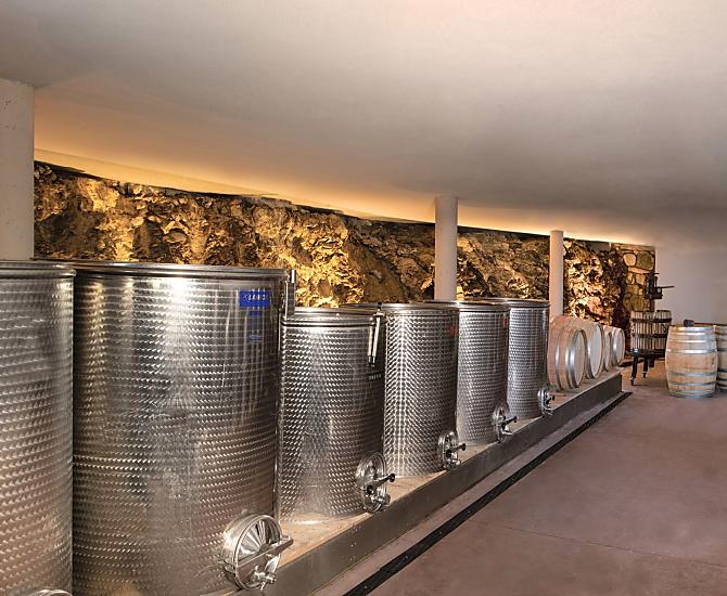Onder de boerderij ligt een wonderlijke wereld verborgen. Rode wijn, witte wijn en de minder bekende Blaterle-bubbelwijn worden hier bewaard.